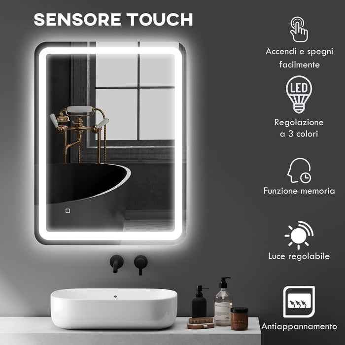 Specchio Bagno 60x80 cm LED Touch con Luce Dimmerabile a 3 Temperature e Antiappannamento