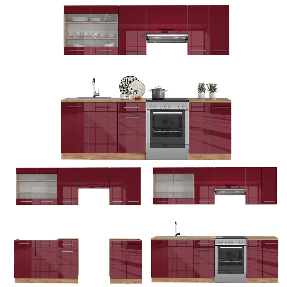 Cucina componibile Fame-Line Bordeaux lucido/Rovere dorato 240 cm, PL Marmo Vicco
