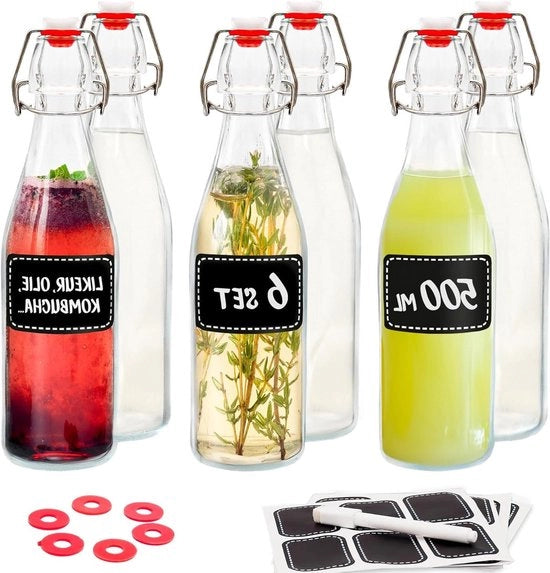 Set di 6 bottiglie in vetro da 500ml con tappo a vite - da riempire - inclusi 6 tappi extra e 12 etichette con penna.