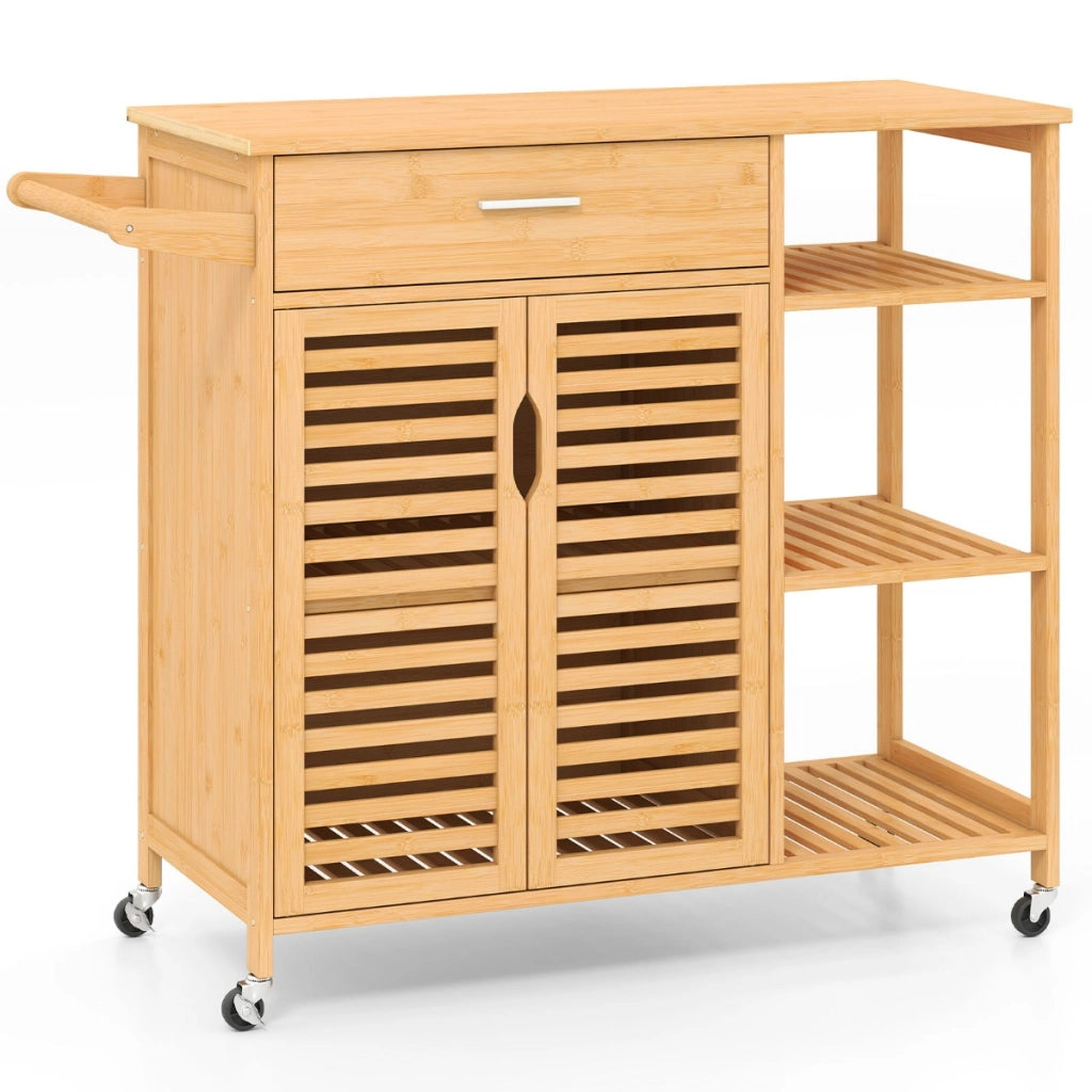 Carrello da cucina 90 cm per sala da pranzo e soggiorno, Barra per asciugamani e armadio con 2 porte Naturale-Carrelli