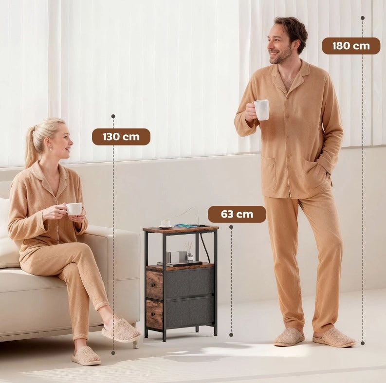 Tavolino laterale 20x40x63 cm con presa AC, USB e USB-C, 2 cassetti, marrone rustico