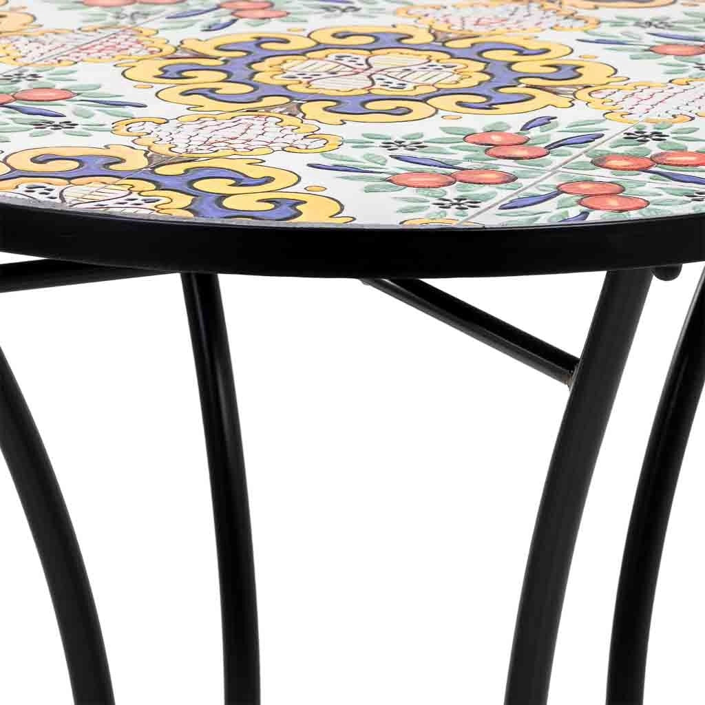 Set tavolo e due sedie in mosaico nero e ferro battuto tavolo: D60x75h - sedia (2): D38x46-90h