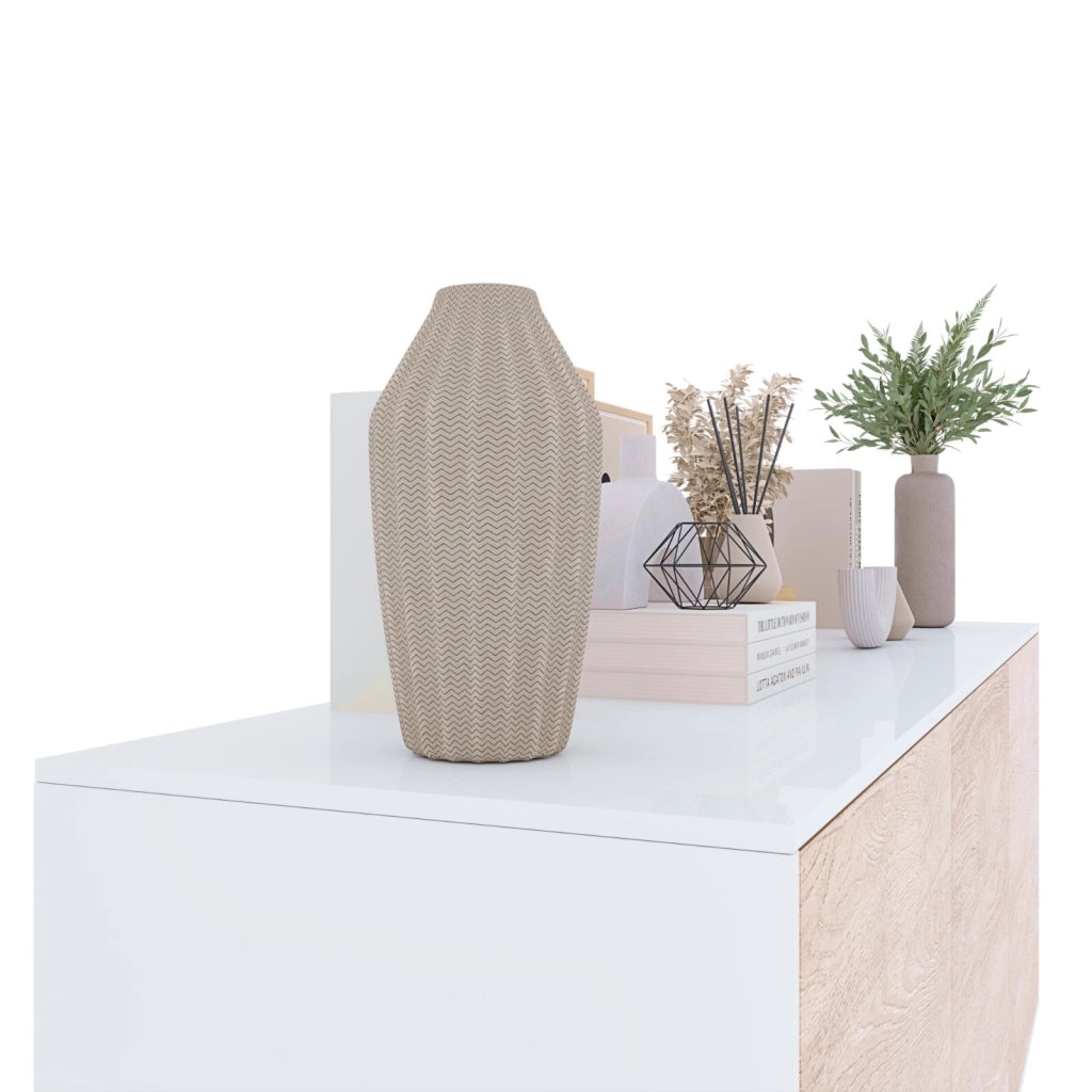 Credenza Mobile Mobiletto Soggiorno Salotto Ingresso Sala da Pranzo 3 Ante 154 x 41 x 75 cm Colore Bianco Lucido Rovere Chiaro