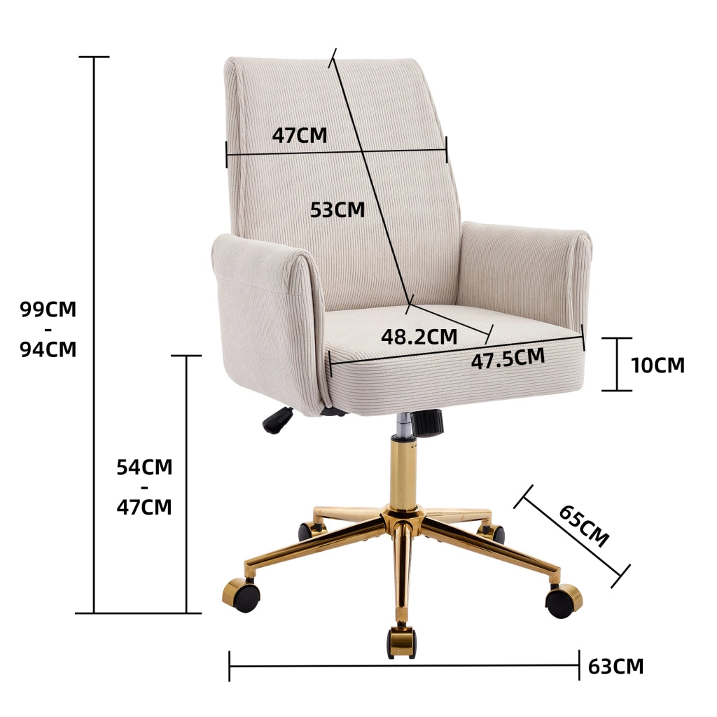 Sedia da ufficio girevole ergonomica con base in metallo dorato e imbottitura in memory foam, in velluto a coste bianco