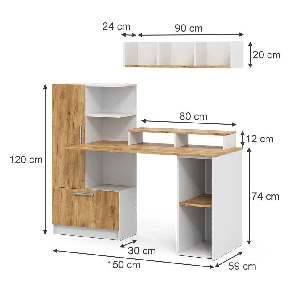 Set scrivania Tomy Bianco/Rovere dorato 150 x 59 cm Set di 4 Vicco