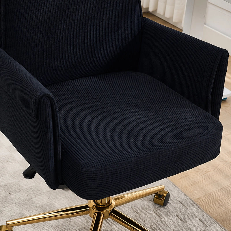 Sedia da ufficio girevole ergonomica con supporto lombare e braccioli, base in metallo dorato, in velluto a coste nero