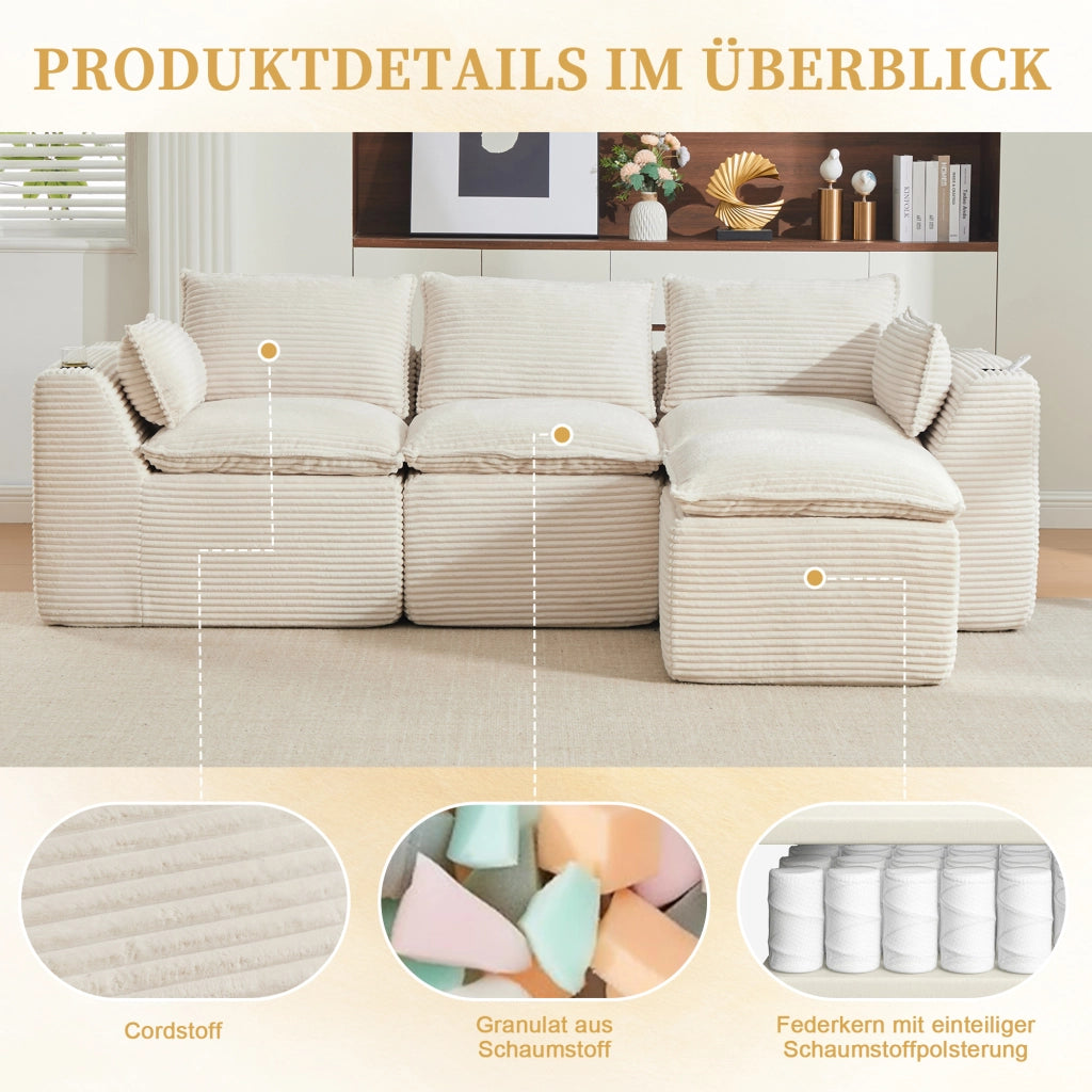Divano modulare 3 posti con cuscini e tasche laterali in corduroy beige per salotto e ricevimento 256 × 161 × 75 cm