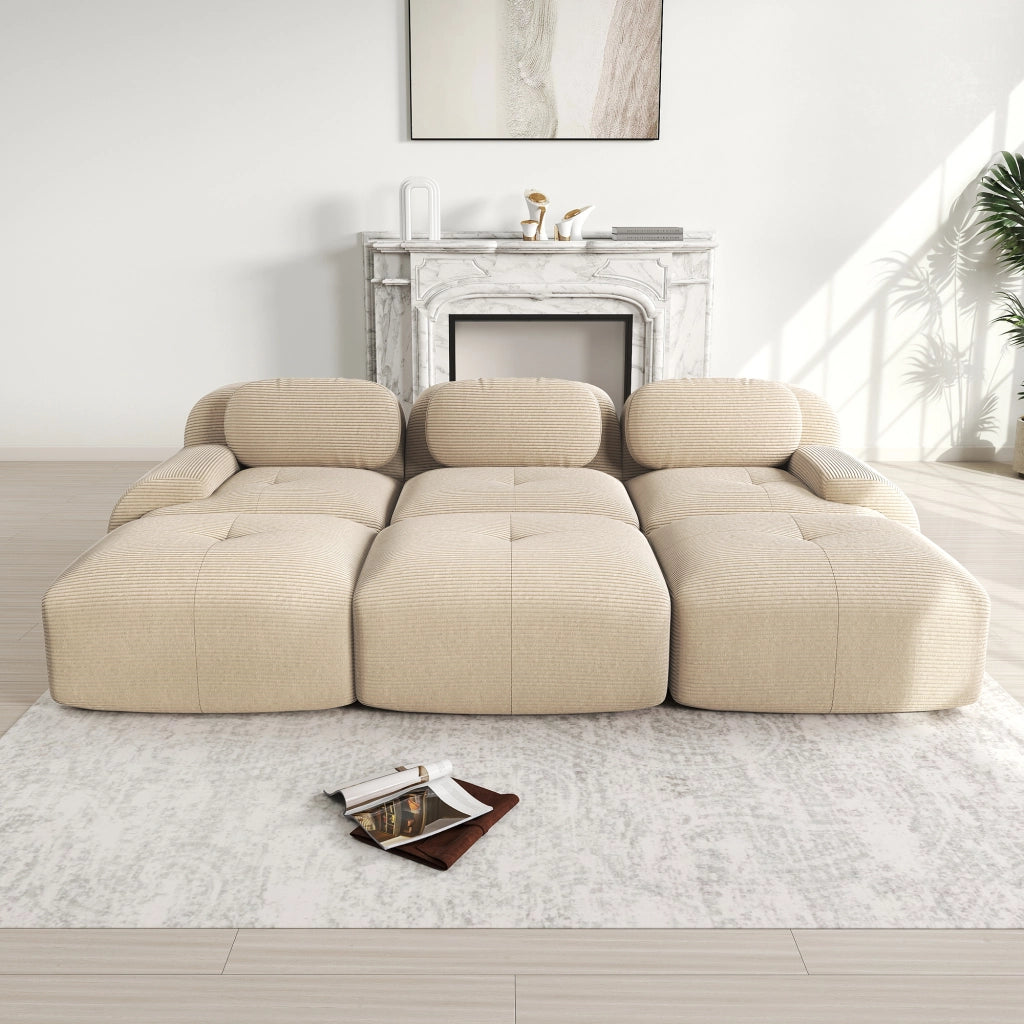 divano angolare modulare senza telaio in velluto a coste con braccioli curvi e schiuma 32D; beige