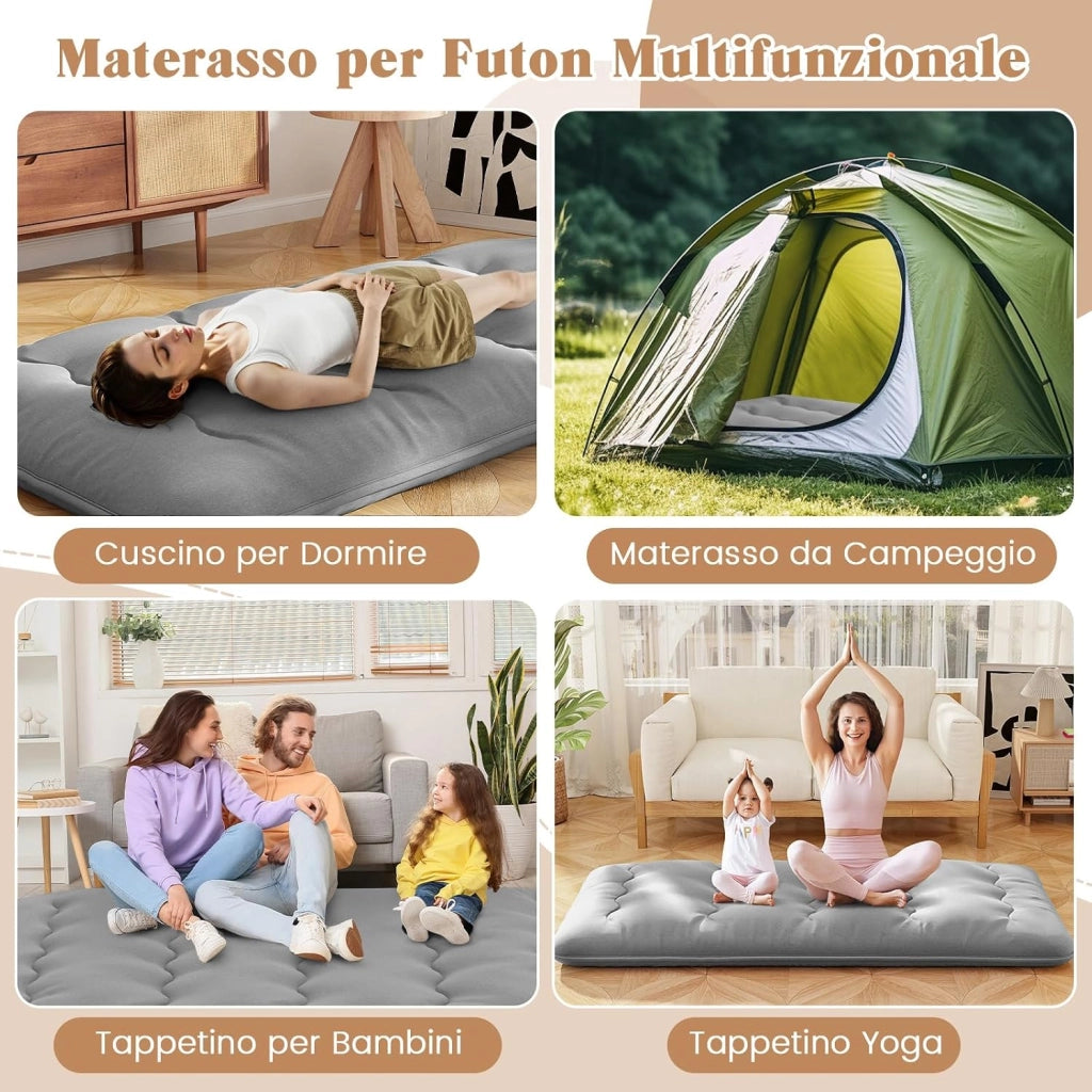 Materasso Futon Pieghevole, Materasso Portatile con Sacca da Trasporto per Camping, Materasso da Terra con Copertura Lavabile (Grigio,200 x 90 cm)