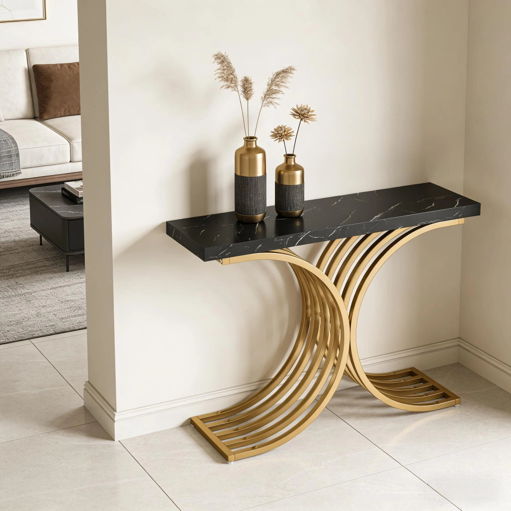 Consolle con piano effetto marmo e struttura metallica - per ingresso - 100x30x80 cm - nero e oro