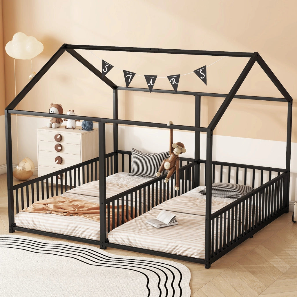 Letto a castello in metallo nero con parapetto e scala 90x200 cm