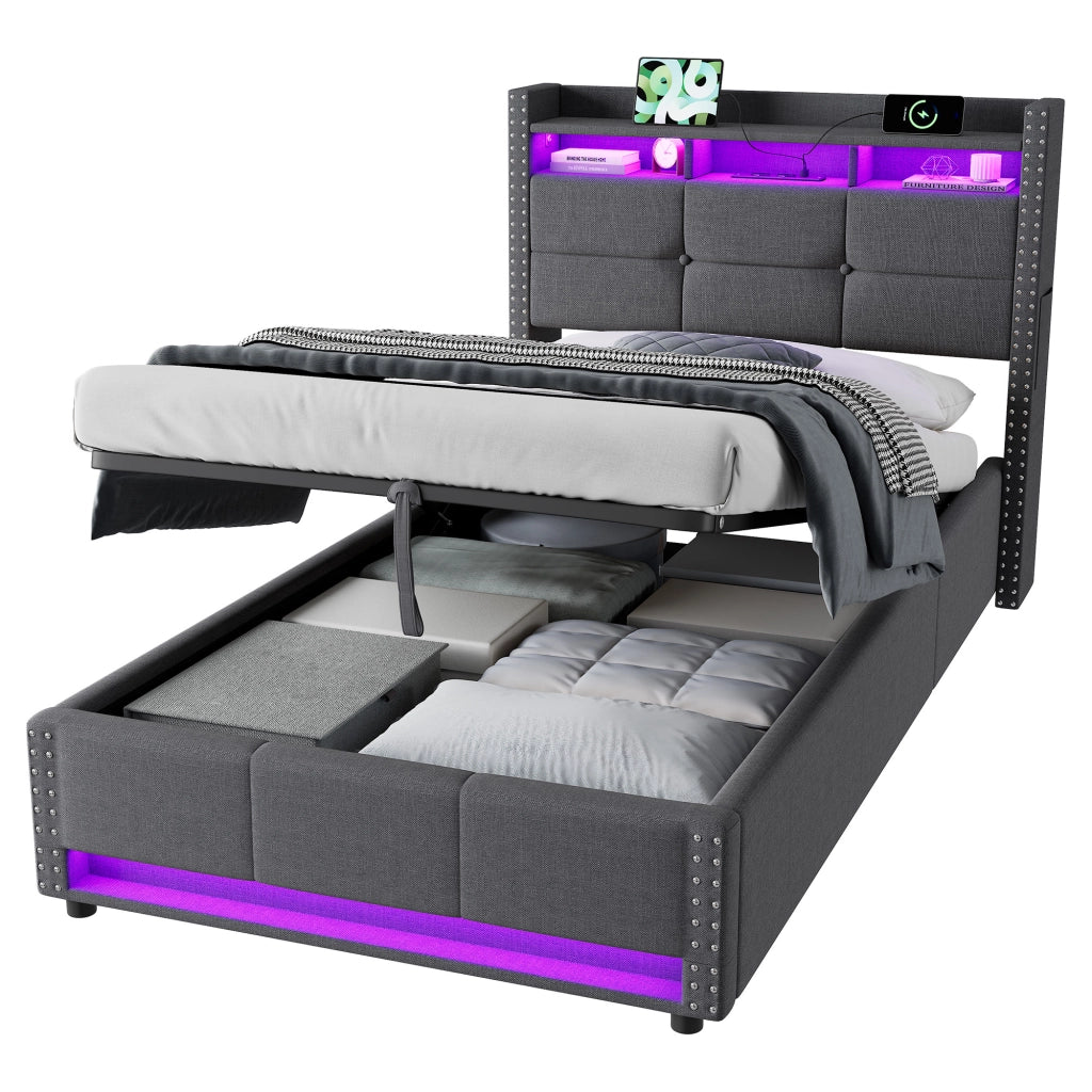 Letto singolo contenitore imbottito grigio scuro 90x200 cm con LED e ricarica USB