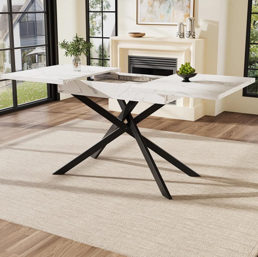 Tavolo da pranzo allungabile 120-160x80x76.5 cm; MDF effetto marmo; gambe in metallo nere
