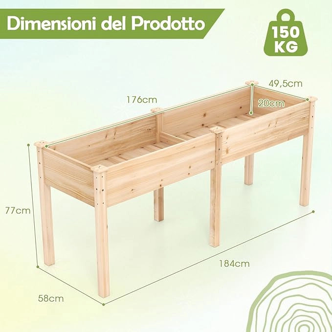 Fioriera da Giardino Rialzata, Letto da Giardino Elevato in Legno con Pannello Divisore, Fori di Drenaggio, Aiuola Rialzata per Piante, Fiori, Erbe e Verdure (Naturale)
