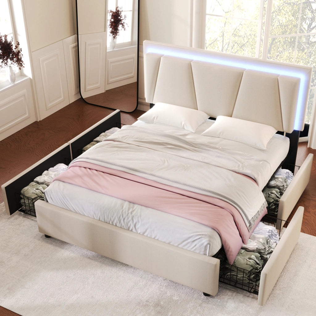 Letto matrimoniale 140x200 cm beige con LED e 4 cassetti, senza materasso