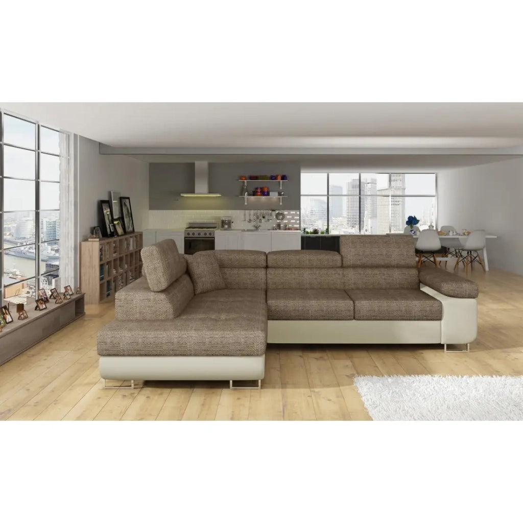 Divano angolare trasformabile MENTON beige e marrone bouclé - Angolo sinistro con vano contenitore