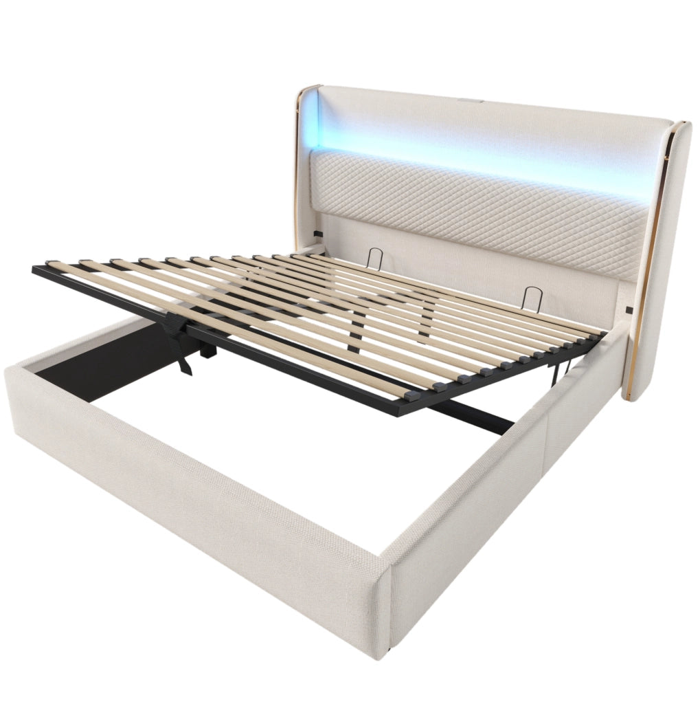 Letto matrimoniale contenitore idraulico per materasso 140x200 cm; LED; USB e Type-C; beige
