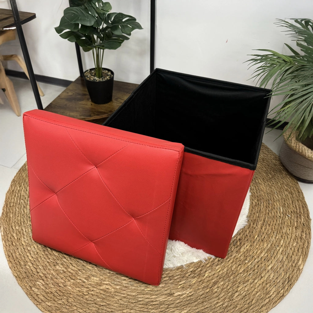 Pouf Poggiapiedi In Ecopelle 2 In 1 Contenitore 38x38Cm Quadrato Salotto Sgabello Camera Soggiorno Portaoggetti Design Moderno Complemento D'arredo Portaoggetti Panca Ingresso  Bordeaux