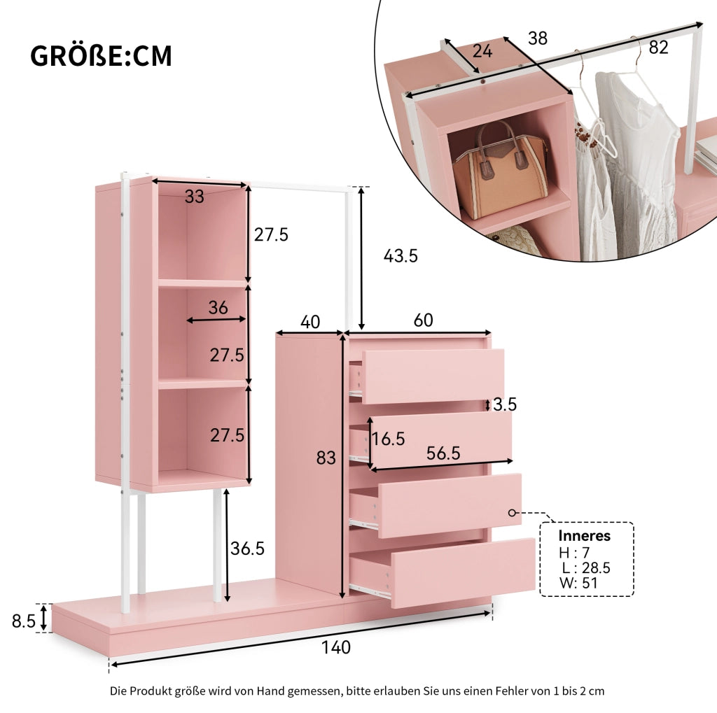 Mobile guardaroba 100x40x135 cm con quattro cassetti e barra appendiabiti in truciolare e metallo rosa e bianco