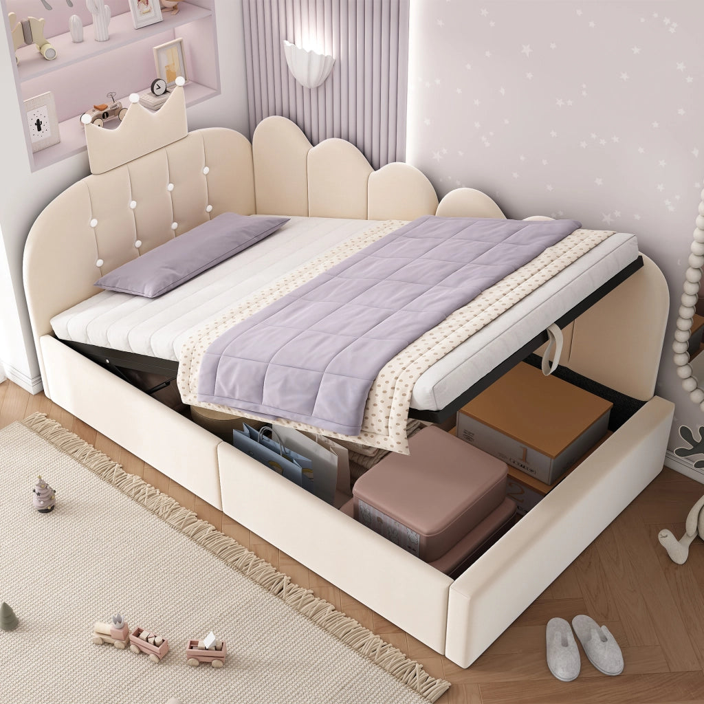 Letto divano singolo 90 × 190 cm con contenitore idraulico, testiera a corona, senza materasso, velluto beige