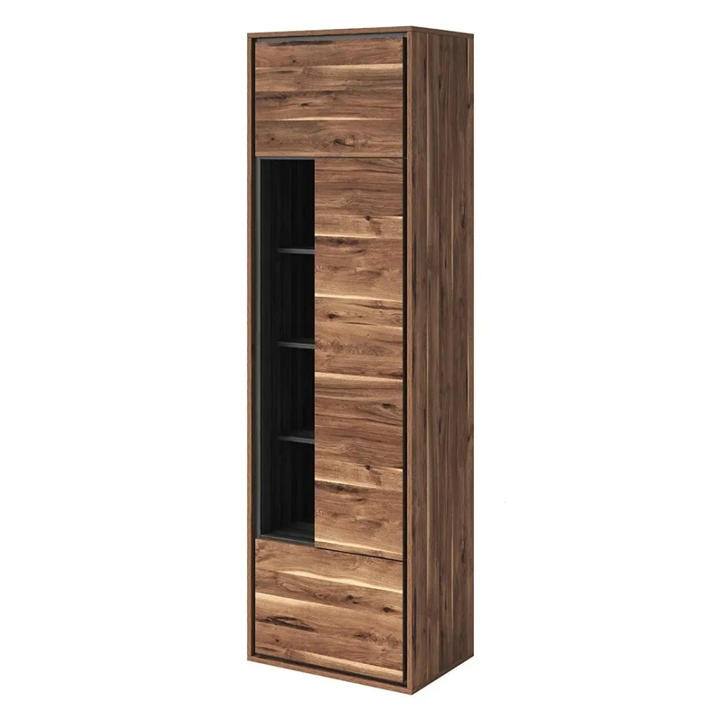 Vetrina alta design con 1 porta, 1 cassetto e 4 nicchie a vista collezione SILVA colore rovere e grigio.