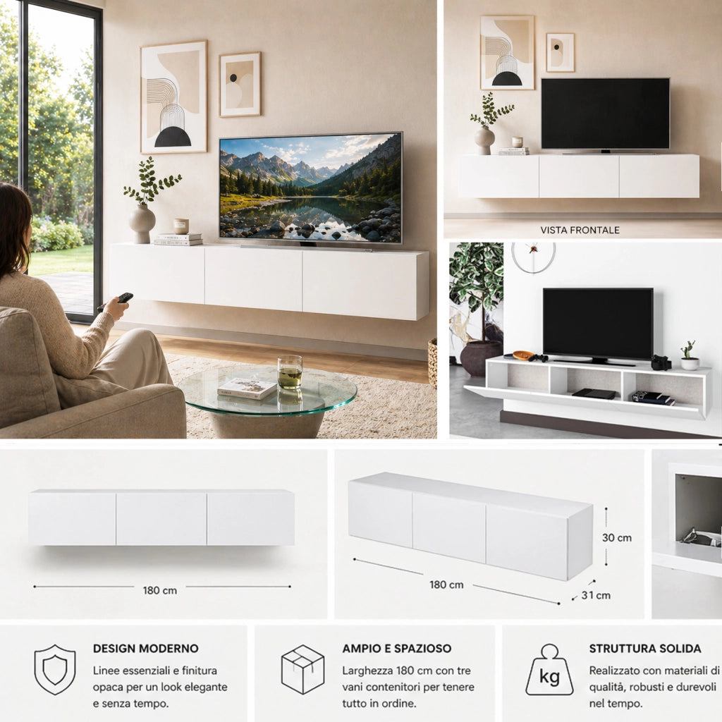 Mobile TV sospeso 180 x 30 cm FRANCY Bianco con 3 Ante a ribalta Porta TV parete