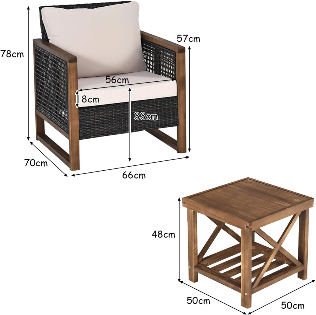 Set di 3 Pezzi di Mobili da Patio, 1 Tavolino in Legno di Acacia e 2 Sedie in Rattan PE, con Cuscini Lavabili, Set di Divani per Giardino Cortile Piscina Portico