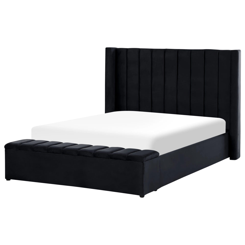 Letto matrimoniale ad acqua in velluto nero con cassapanca 140 x 200 cm moderno glam morbido materasso camera da letto