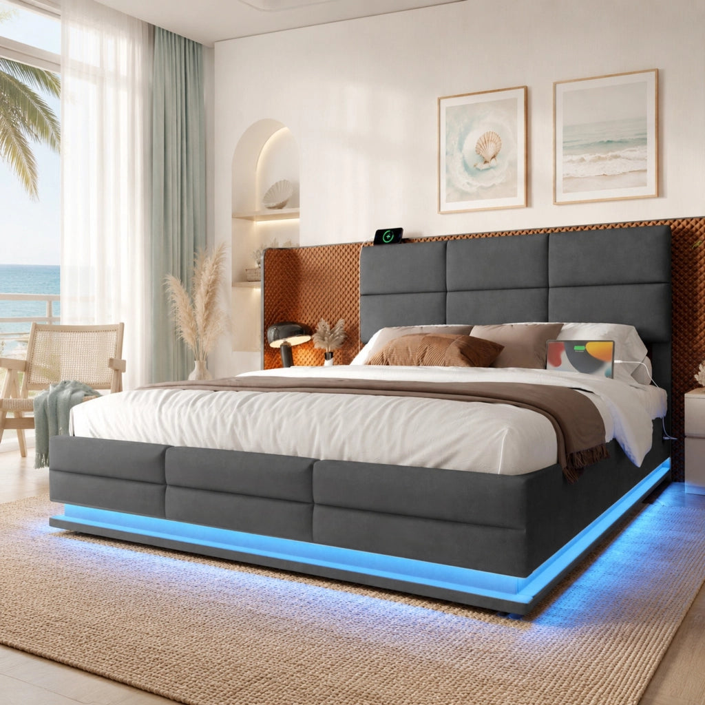 LETTO 180x200 cm in velluto grigio scuro con testiera regolabile e luci LED