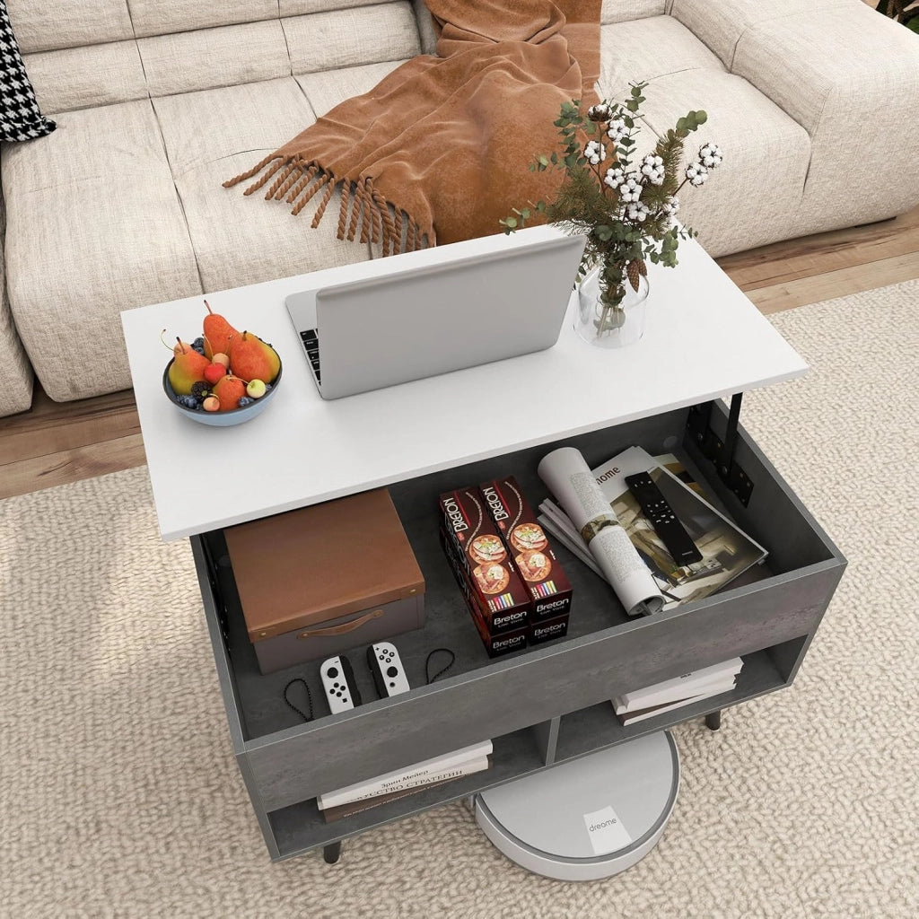 Tavolino da Salotto con Superficie Sollevabile, Tavolino da Caffè Moderno con Scompartimento Nascosto e 2 Ripiani, Ideale per Salone, Ufficio e Sala Riunioni (Grigio)