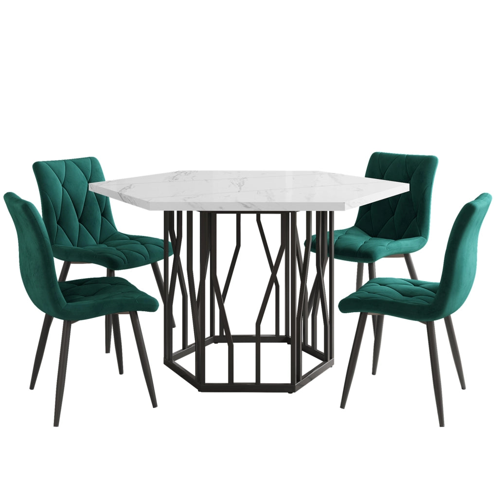 Set sala da pranzo 5 pezzi con tavolo esagonale in marmo bianco e 4 sedie in velluto verde