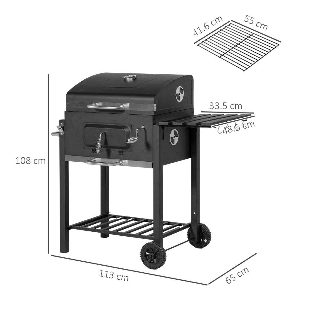 Carrello per barbecue a carbone, supporto per barbecue in acciaio inox nero, dimensioni 113x65x108 cm, per giardino e terrazzo.