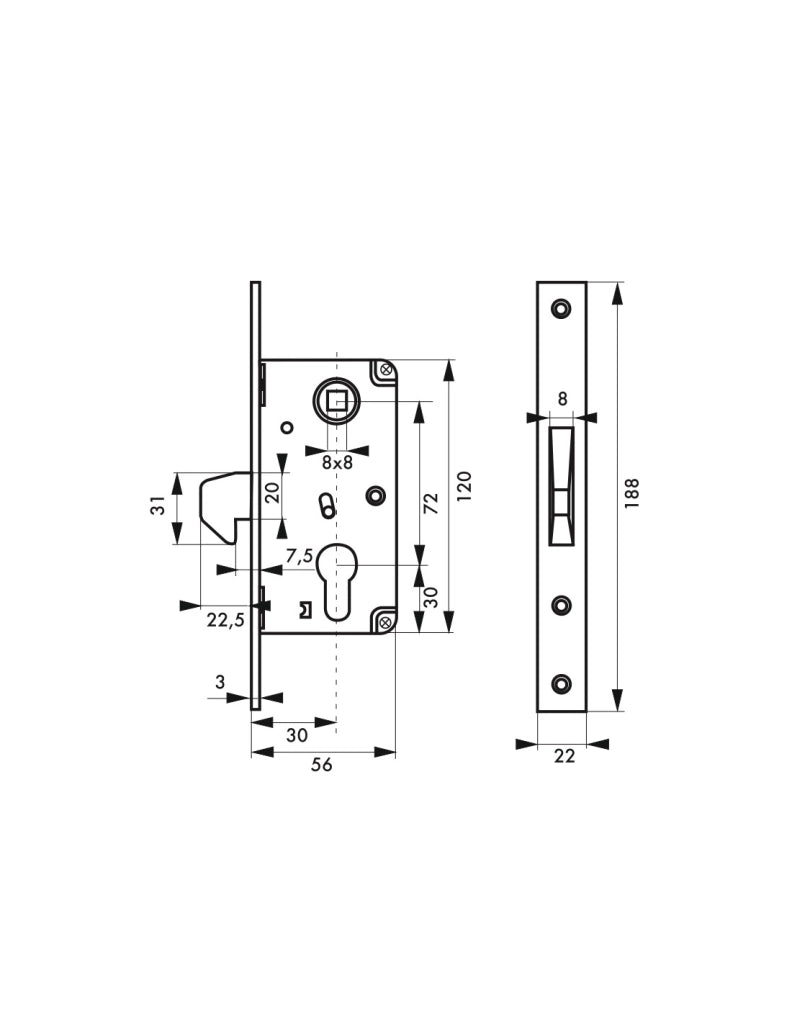 Serratura a gancio per cilindro, asse 30 mm, interasse 72 mm – THIRARD
