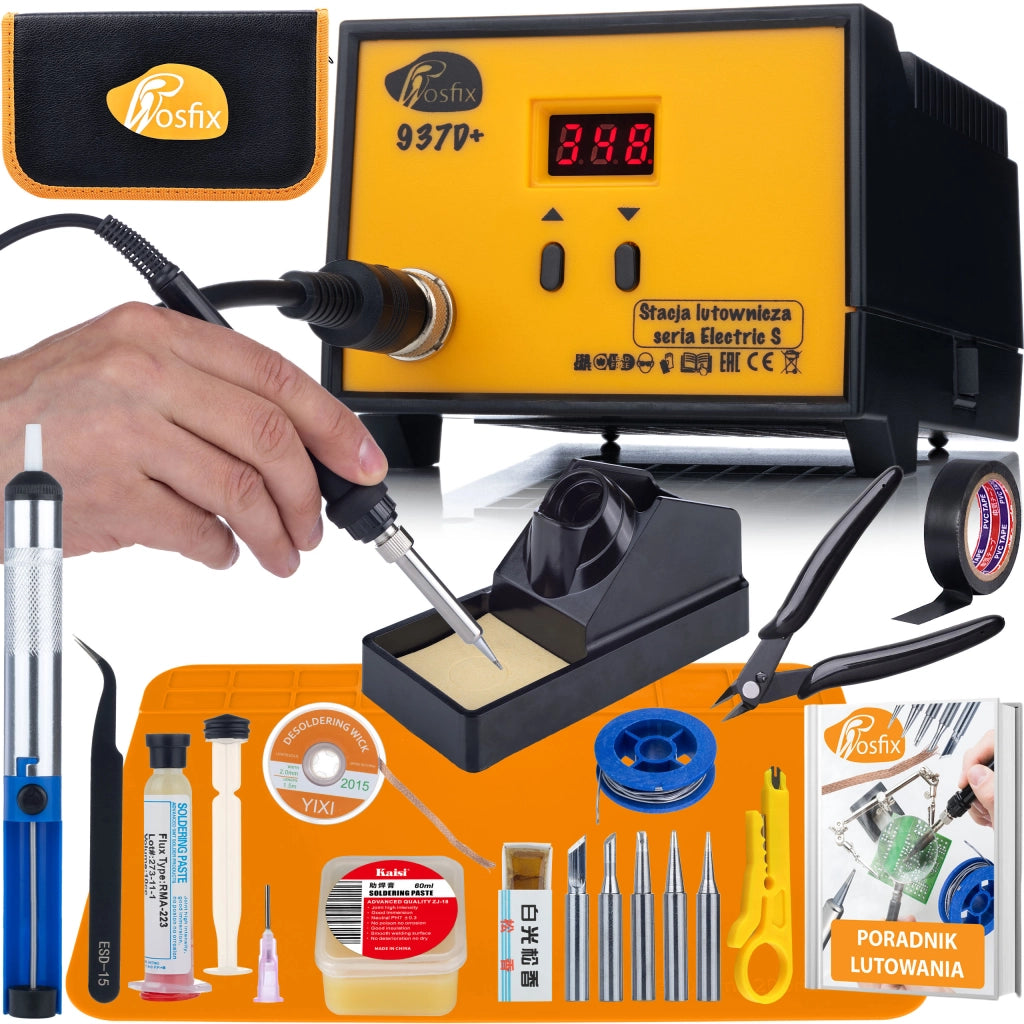 Stazione Saldante 60W Rosfix 937D+ con Display LED 200-480°C – Set 15 in 1 con Accessori, Manuale PDF, Organizer