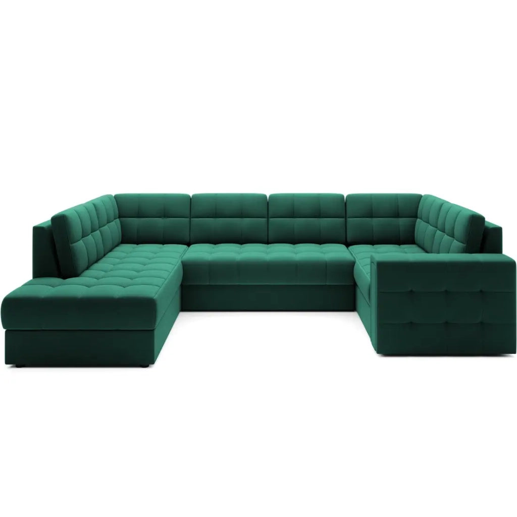 Divano ad angolo convertibile MONTEZA verde sinistro 299 cm con vano contenitore e letto