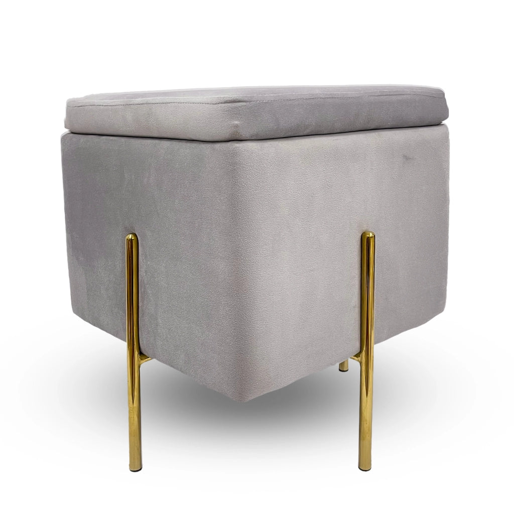 Pouf Contenitore in Velluto con Gambe in Metallo Oro – Poggiapiedi Moderno ed Elegante per Soggiorno, Camera e Ingresso Grigio