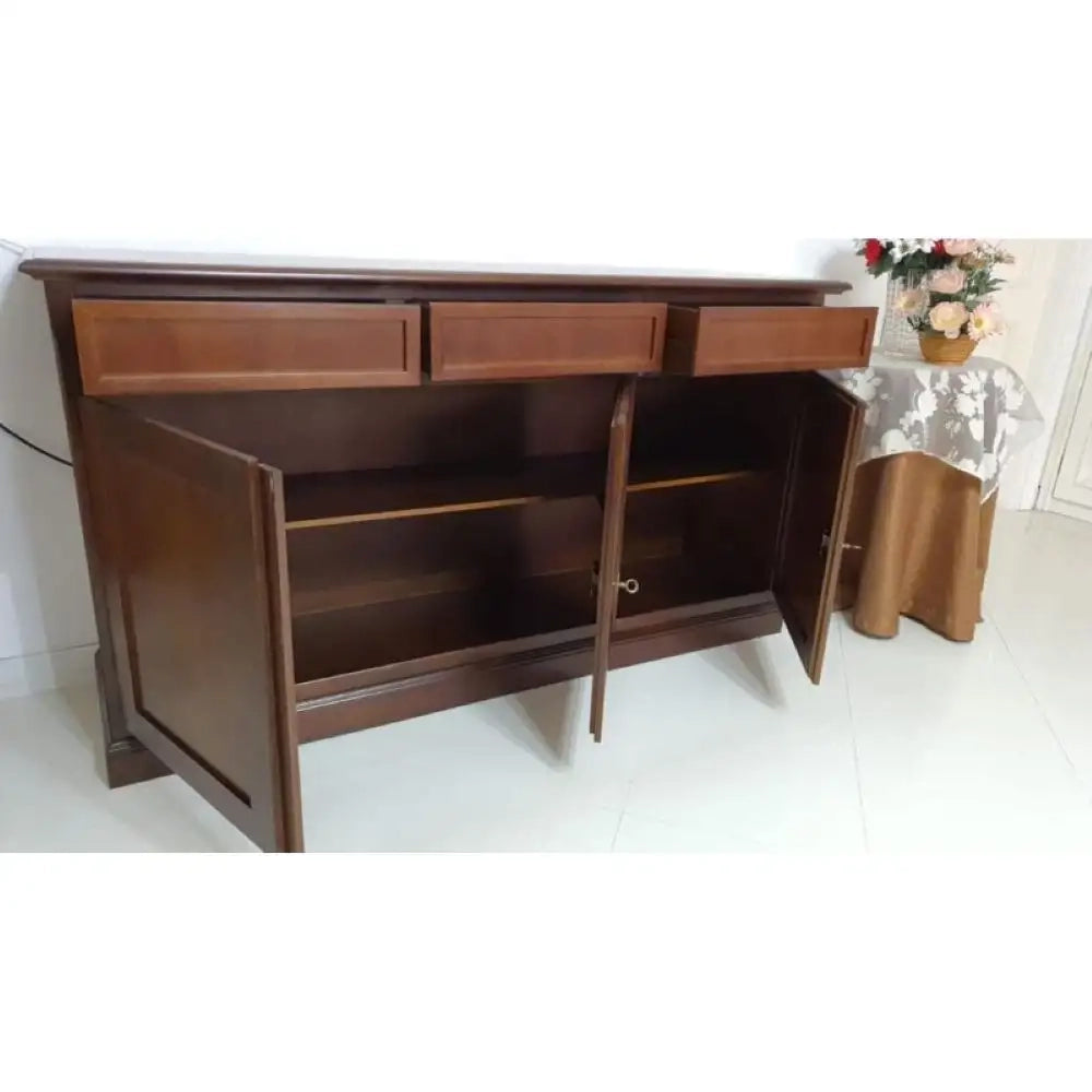 Credenza color noce con 3 ante e 3 cassetti, in stile classico,Â  in legno e mdf con rifinitura in noce lucido 156x42x85
