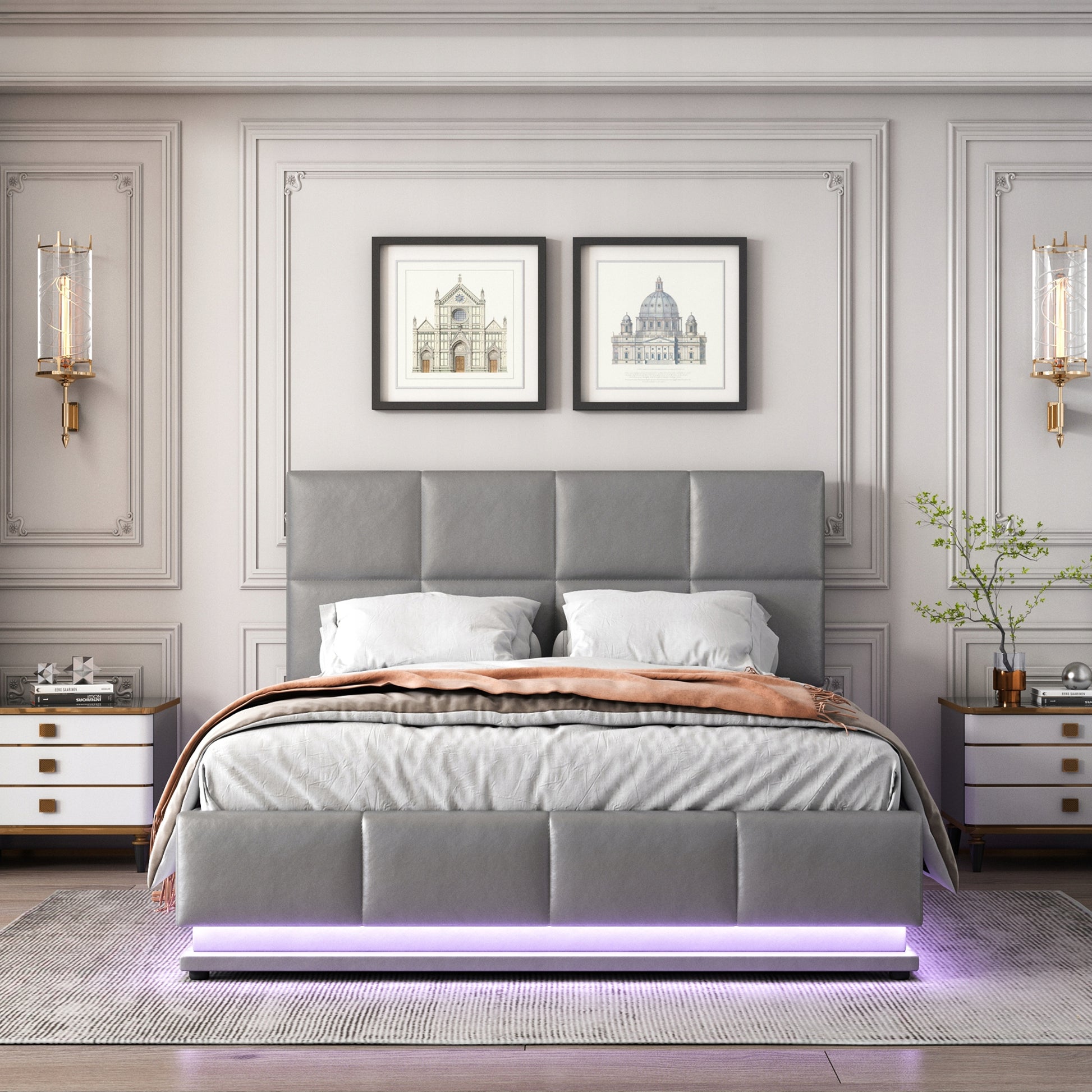Letto imbottito 140x200 LED - Xylo - Idraulico, grigio