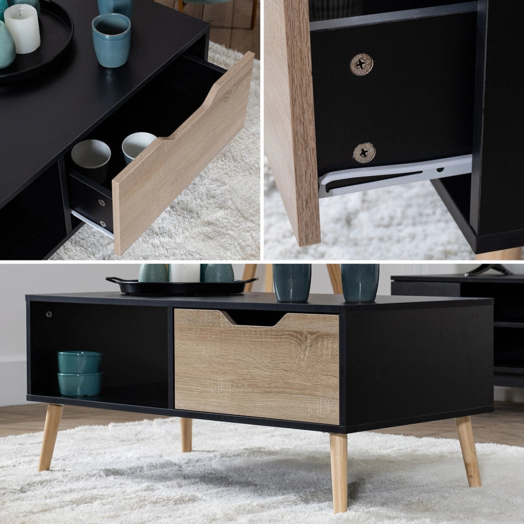FREJATavolino nero in stile scandinavo con cassetto