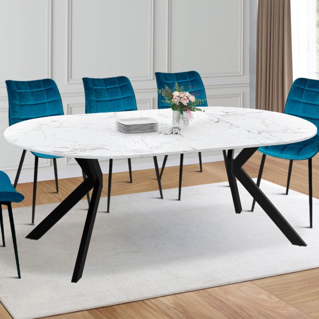 ALIX tavolo da pranzo rotondo allungabile 4-10 persone gamba a ragno nera piano effetto marmo bianco ALASKA 110-200 cm