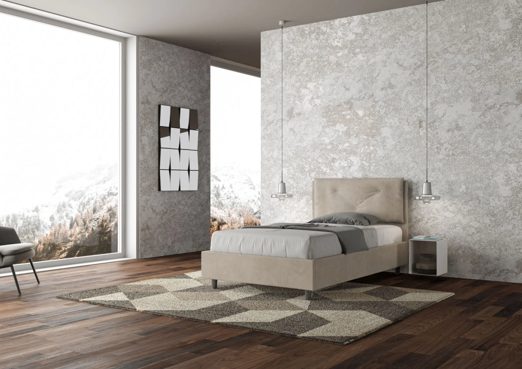 BS COM Letto una piazza e mezza con rete imbottito 130x190 microfibra sabbia Large