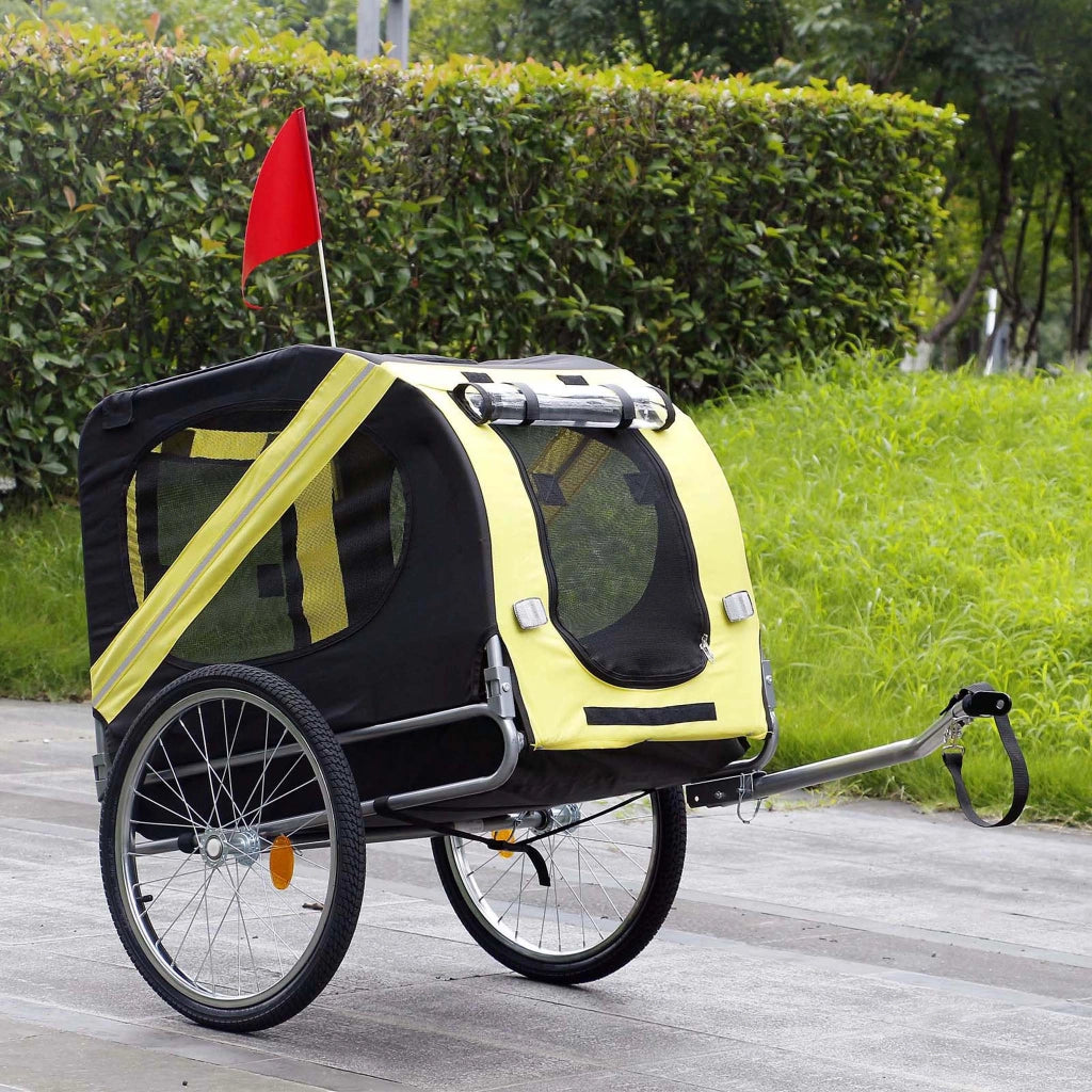 Rimorchio per cani bici, con gancio girevole di sicurezza, zanzariera e antipioggia Nero e giallo