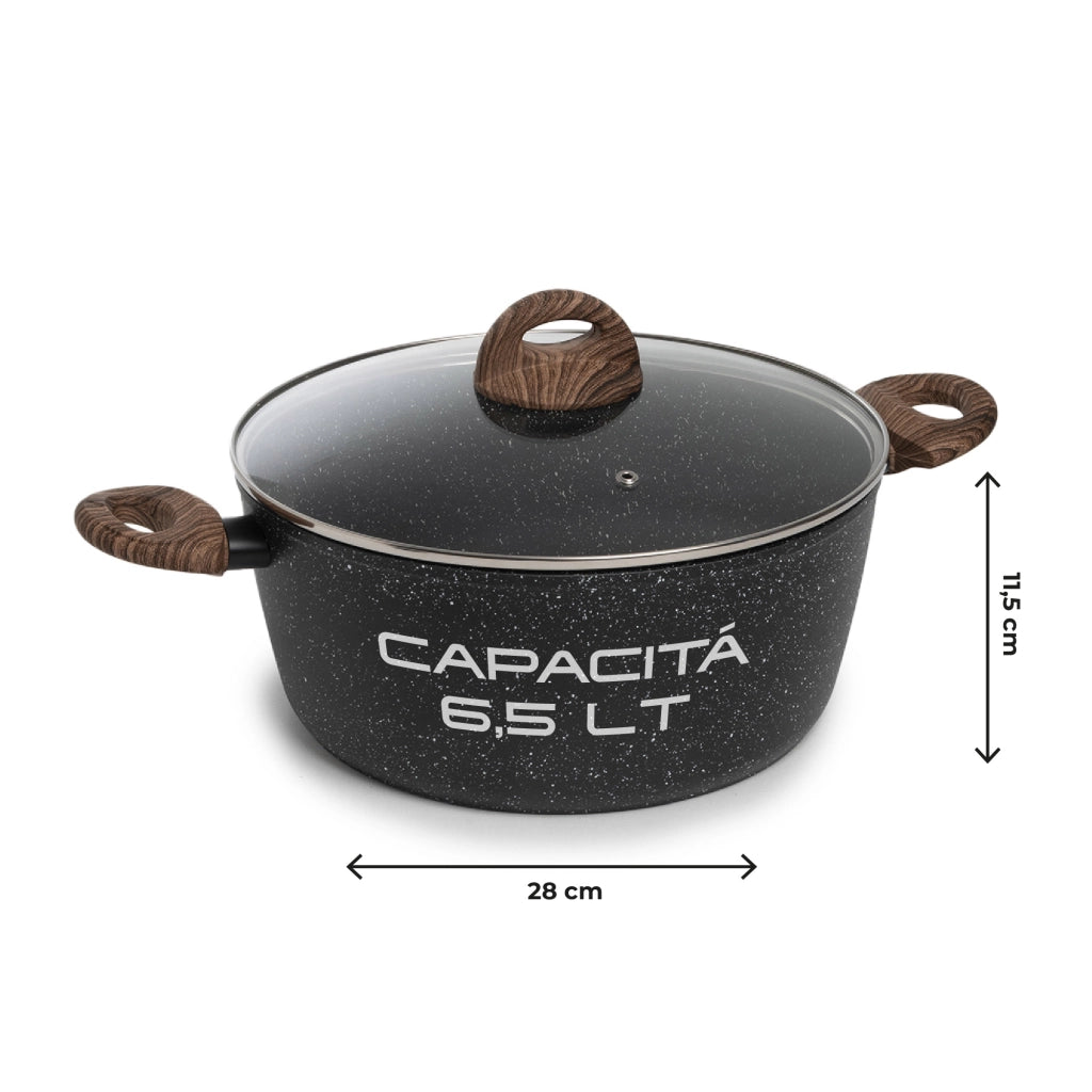 Casseruola Antiaderente con Coperchio in Vetro per Induzione 20 24 28 cm Pentola Effetto Pietra Compatibile Gas Vetroceramica e Piano Elettrico Marble 28 Cm
