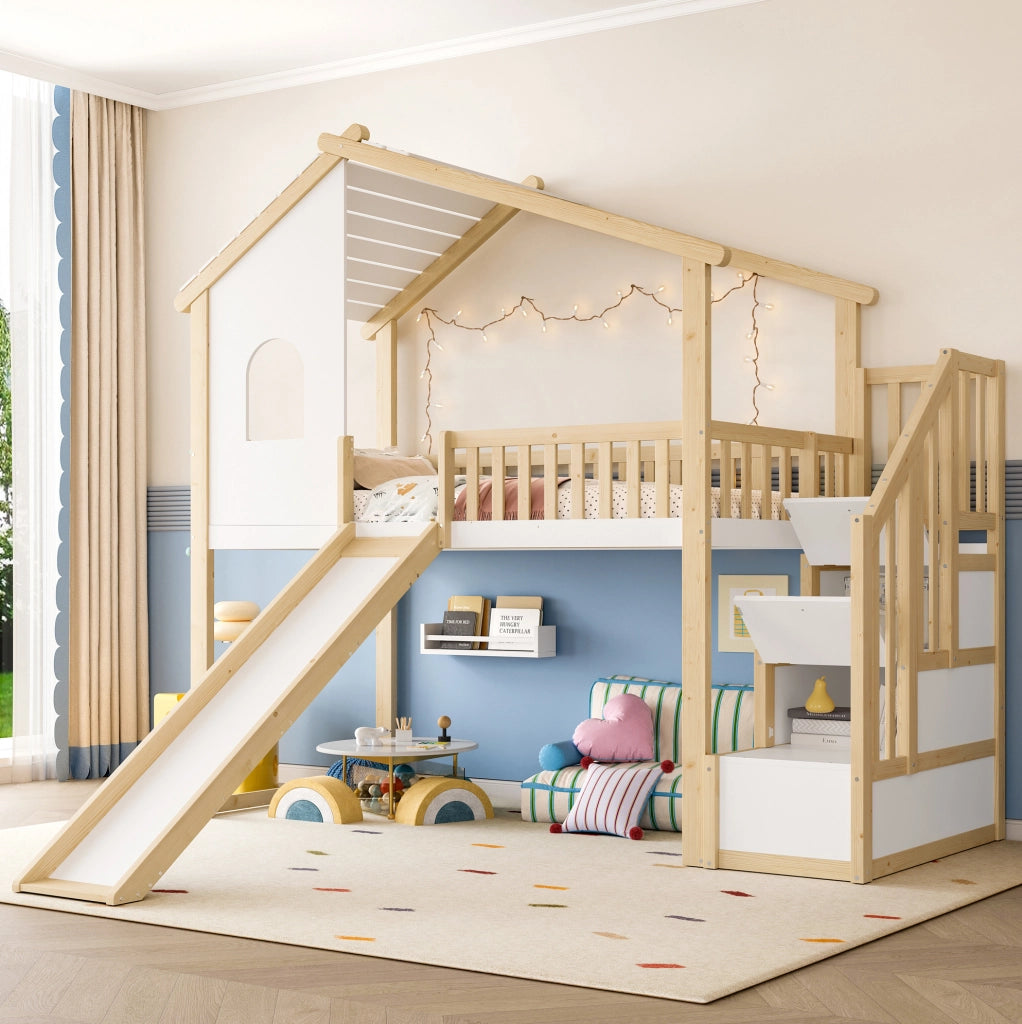 Letto a soppalco per bambini 90x200 cm con scivolo