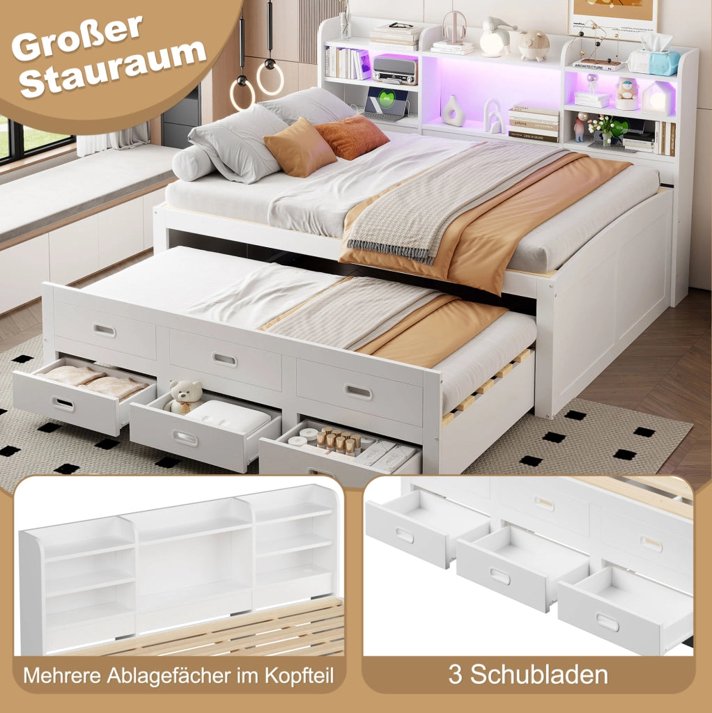 Letto estraibile con LED, 3 cassetti e porta USB Tipo C, bianco