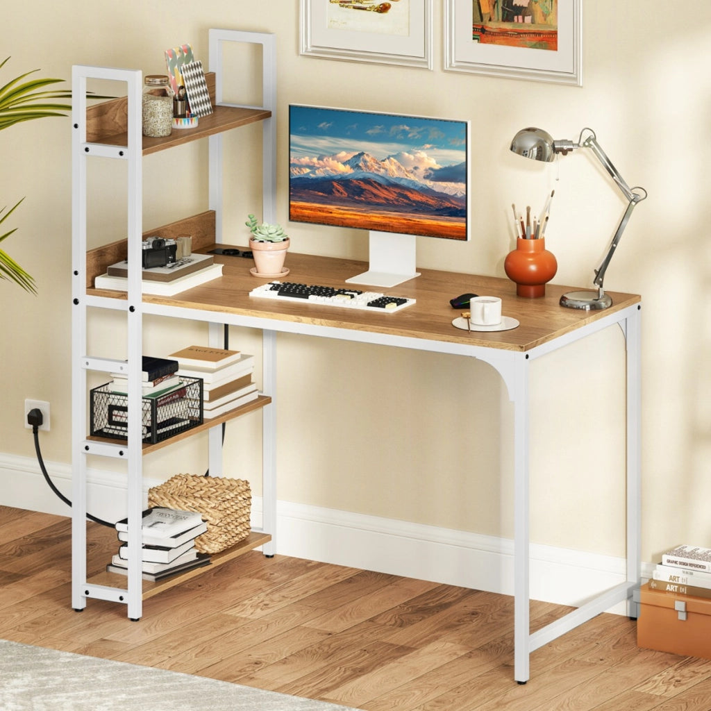 Scrivania per computer con ciabatta elettrica, Scrivania studio da 120 CM con mensola uscite AC Naturale & Bianco-Tavolini per laptop