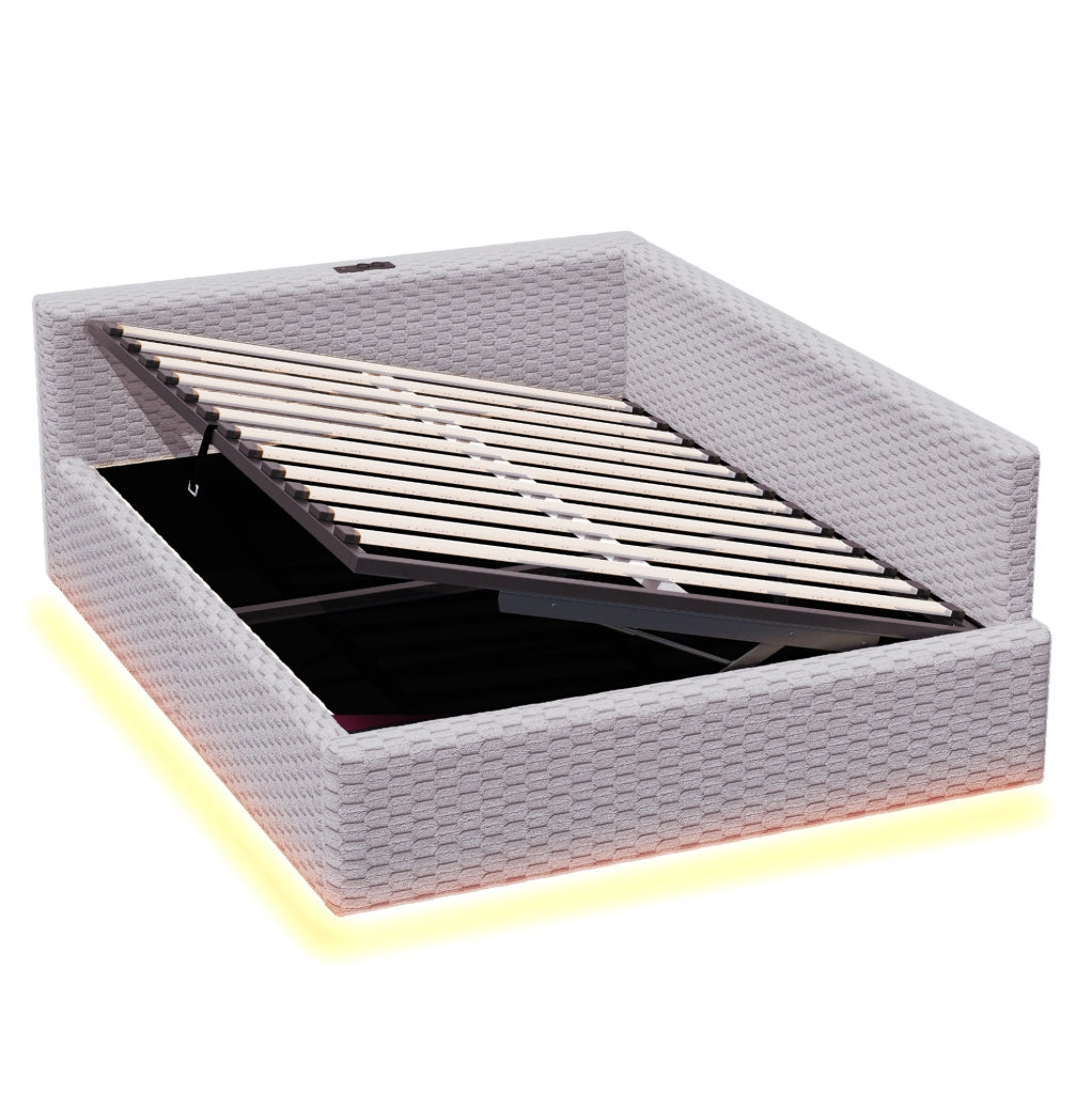 Letto imbottito 140x200 cm con contenitore, LED e porte USB/Type-C