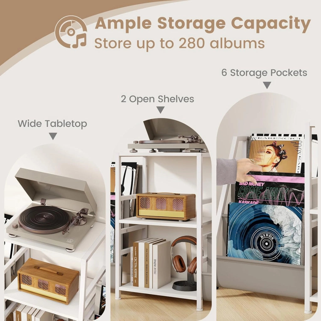 GIANTEX Supporto per giradischi, mobile platino in vinile con 3 ripiani aperti, 6 tasche, per 200 album, telaio in metallo, combinazione flessibile, per soggiorno, studio, camera da letto (nero)