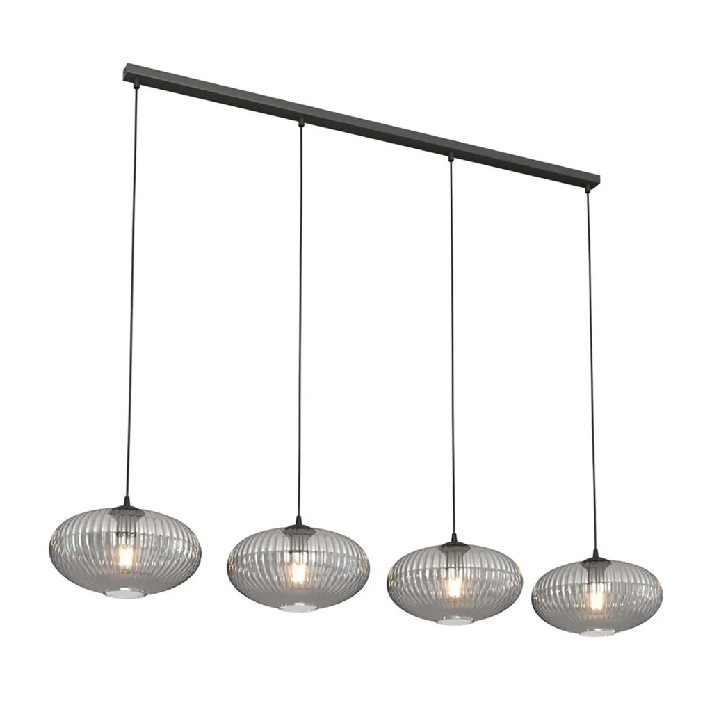Lampadario 4 Luci Iris In Acciaio Nero Paralume Plissettato Fumè