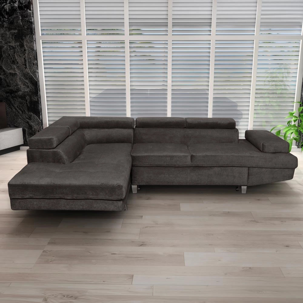 Divano letto angolare Rio con penisola contenitore sinistra in tessuto grigio scuro 272 cm